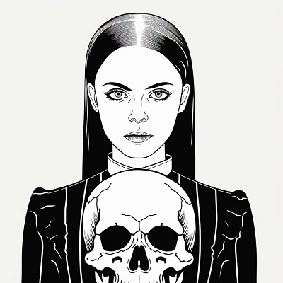 Image For Post | Wednesdays Addams musing over a skull; clear, straightforward lines and shapes. printable coloring page, black and white, free download - [Wednesday Addams Coloring Pictures Pages ](https://hero.page/coloring/wednesday-addams-coloring-pictures-pages-fun-and-creative)