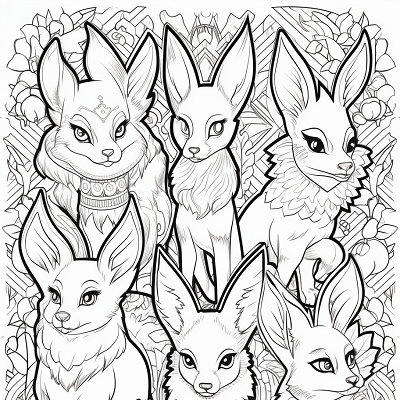 Image For Post | Eevee's evolutions depicted in a dynamic and playful manner; clear lines and detailed patterns. printable coloring page, black and white, free download - [Eevee Evolutions Coloring Pages: Adult, Kids, Pokemon Coloring](https://hero.page/coloring/eevee-evolutions-coloring-pages:-adult-kids-pokemon-coloring)