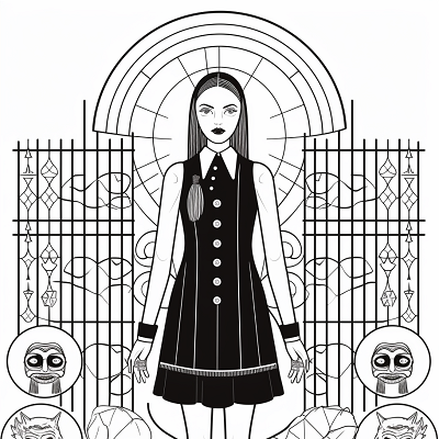 Image For Post | Depicting Wednesday Addams with the Addams Family emblem; detailed shading and distinct, bold shapes. printable coloring page, black and white, free download - [Wednesday Addams Coloring Pictures Pages ](https://hero.page/coloring/wednesday-addams-coloring-pictures-pages-fun-and-creative)