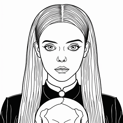 Image For Post | Depiction of Wednesday Addams amusing herself with a skull; minimalist style, simple shapes. printable coloring page, black and white, free download - [Wednesday Addams Coloring Pictures Pages ](https://hero.page/coloring/wednesday-addams-coloring-pictures-pages-fun-and-creative)
