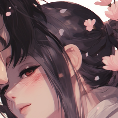 Image For Post | Close-up of two characters, framed by cherry blossoms, radiating tranquility and serenity. ideal matching pfp couples pfp for discord. - [matching pfp couples, aesthetic matching pfp ideas](https://hero.page/pfp/matching-pfp-couples-aesthetic-matching-pfp-ideas)