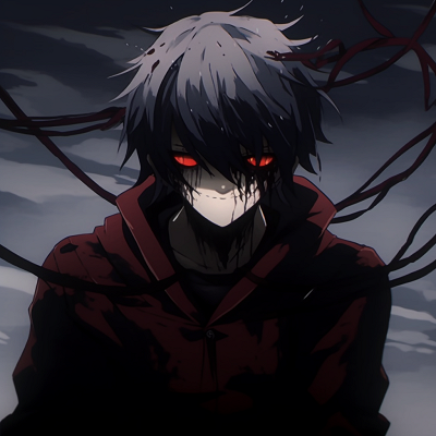 Image For Post | Kaneki from Tokyo Ghoul with his ghoul mask, gritty undertones and intense red eye. trending grunge anime pfp - [Grunge Anime PFP](https://hero.page/pfp/grunge-anime-pfp)