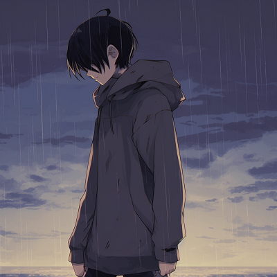 Image For Post | Character in the rain looking at a passing train, the melancholy mood captured through cool colors and simple lines. melancholic pfp selections - [Depressed Anime PFP Collection](https://hero.page/pfp/depressed-anime-pfp-collection)