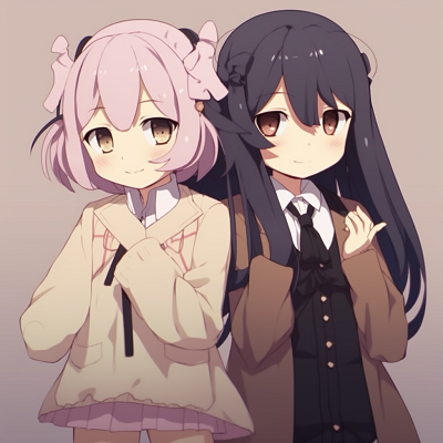 Image For Post | Madoka and Homura from the Madoka Magica series, sharing a tender moment, soft colors and light shading. ideal matching anime pfp for best friends - female - [Matching Anime PFP Best Friends Collection](https://hero.page/pfp/matching-anime-pfp-best-friends-collection)