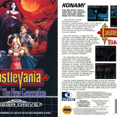 Image For Post | **Packaging**  
The packaging artwork for the North American version was created by Tom Dubois, who also designed the packaging for many other Konami titles outside Japan.

The game was released in Japan on March 18, 1994.

**Anniversary collection**  
On May 16, 2019, the game was included in the Castlevania Anniversary Collection, released for PlayStation 4, Xbox One, Steam and Nintendo Switch, marking the first time that the game has ever been re-released in any form.

**Mega Drive Mini release**  
On September 19, 2019, the game will be included in the Sega Genesis Mini (Sega Mega Drive Mini in Europe and Japan).

**Alternate Titles**  
    "Vampire Killer" -- Japanese Title
    "Castlevania: The New Generation" -- European Title
    "バンパイアキラー" -- Japanese spelling
