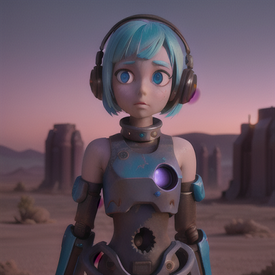 Image For Post Anime Art, Lonely android girl, pale blue hair and glowing violet eyes, in a desolate desert