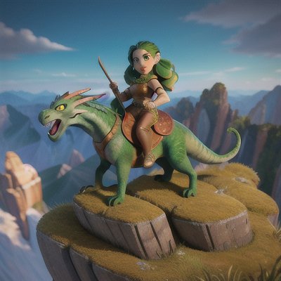 Image For Post Anime Art, Dragon tamer girl, emerald hair in braids, on top of a rocky mountain peak
