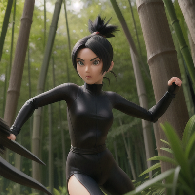 Image For Post Anime Art, Stealthy ninja warrior, jet-black hair tied in a sleek ponytail, racing through dense bamboo forest