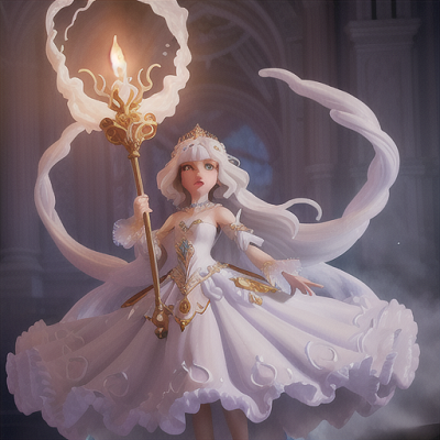 Image For Post Anime Art, Majestic sorceress, shimmering white hair that appears to defy gravity, in a grand crystalline palace