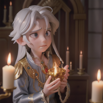 Image For Post Anime Art, Regretful prince, silver hair cascading down, clasping a pendant in a dimly lit chamber