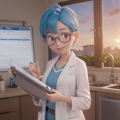 Image For Post Anime Art, Enthusiastic researcher, glasses and short blue hair, early morning at the Anime Science Fair