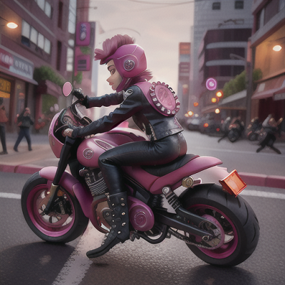 Image For Post Anime Art, Relentless motorcyclist, striking pink hair beneath a crimson helmet, charging along an urban landscape