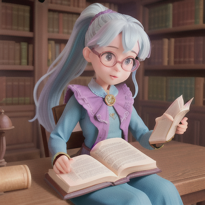 Image For Post Anime Art, Curious librarian girl, silvery-blue hair in a ponytail, in an ancient library