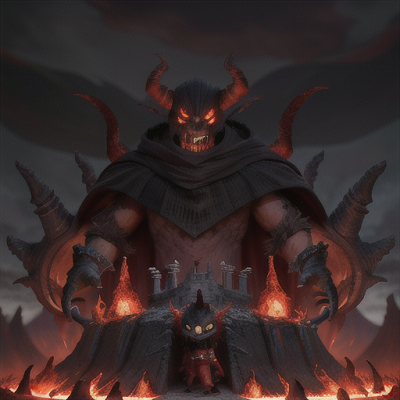 Image For Post Anime Art, Vengeful demon antagonist, piercing yellow eyes and twisted horns, in a hellish volcanic landscape