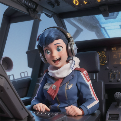 Image For Post Anime Art, Bumbling mech pilot, navy blue hair in a messy style, inside a futuristic cockpit