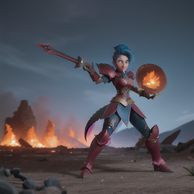 Image For Post Anime Art, Fierce dragon slayer, electric blue hair with spiked updo, standing amidst the scorched remains of a battlef