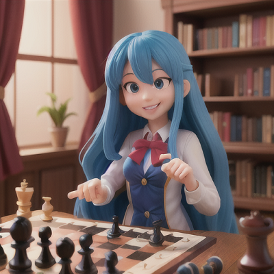 Image For Post Anime Art, Friendly club advisor, long blue hair and a warm smile, discussing a chess match with students