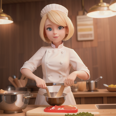 Image For Post | Anime, manga, World-class chef honing culinary skills, blonde hair tucked under a chef hat, in the heart of a busy world-renowned kitchen, chopping ingredients with lightning speed, a display of mouthwatering dishes, colorful and fashionable chef's uniform, detailed and appetizing visual style, inviting and delicious ambiance - [AI Art, Blonde Hair Anime Images ](https://hero.page/examples/blonde-hair-anime-images-stable-diffusion-prompt-library)