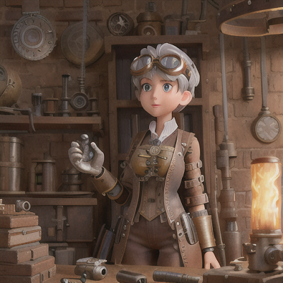 Image For Post Anime Art, Resourceful inventor, short silver hair with steampunk goggles, in a cluttered workshop