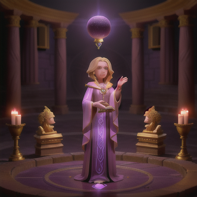 Image For Post | Anime, manga, Ancient oracle, ethereal blonde hair floating in air, in a mysterious temple with lit braziers, whispering prophecies to a group of worried travelers, a glowing crystal ball hovering between her hands, flowing bronze and violet robes, moody chiaroscuro lighting, an ambiance of intrigue and foresight - [AI Art, Blonde Hair Anime Images ](https://hero.page/examples/blonde-hair-anime-images-stable-diffusion-prompt-library)