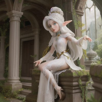 Image For Post Anime Art, Otherworldly Elf prince, silvery-white hair adorned with gemstones, in an ancient overgrown temple