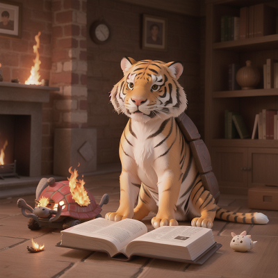 Image For Post Anime, book, turtle, tiger, rabbit, fire, HD, 4K, AI Generated Art