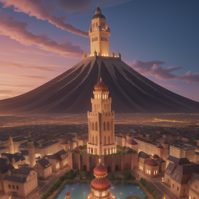 Image For Post Anime, flying carpet, tower, king, city, volcano, HD, 4K, AI Generated Art