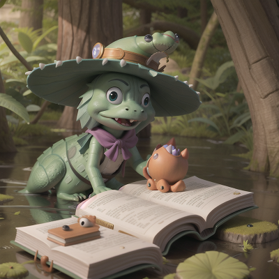 Image For Post Anime, wizard's hat, book, alligator, princess, swamp, HD, 4K, AI Generated Art