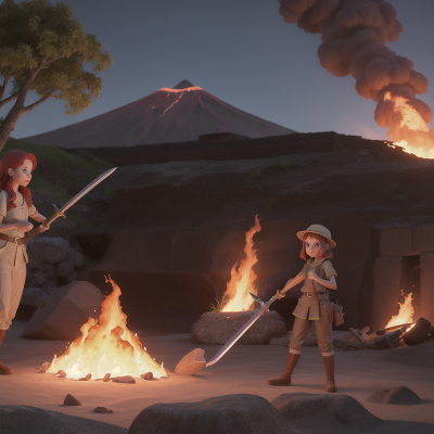 Image For Post Anime, archaeologist, fire, sword, volcano, ocean, HD, 4K, AI Generated Art