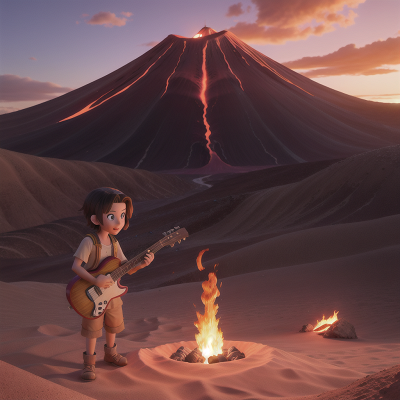 Image For Post Anime, volcano, sunset, desert, musician, treasure, HD, 4K, AI Generated Art
