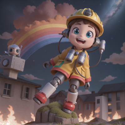 Image For Post Anime, rainbow, robotic pet, firefighter, stars, flying, HD, 4K, AI Generated Art