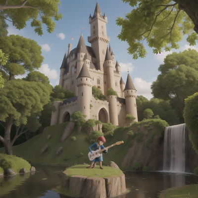 Image For Post Anime, electric guitar, swamp, castle, tower, forest, HD, 4K, AI Generated Art