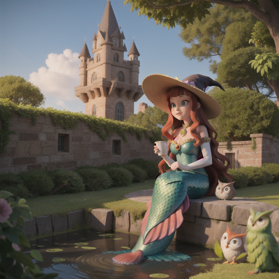 Image For Post Anime, owl, mermaid, witch, tower, garden, HD, 4K, AI Generated Art