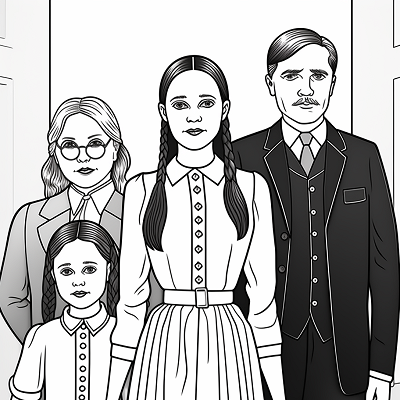 Image For Post | Wednesday Addams amidst her family; sharp outlines and distinguished character designs. printable coloring page, black and white, free download - [Wednesday Addams Coloring Book Pages ](https://hero.page/coloring/wednesday-addams-coloring-book-pages-fun-coloring-for-all-ages)