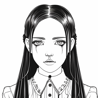 Image For Post | Wednesday Addams in her classic attire with bold, simple lines. printable coloring page, black and white, free download - [Wednesday Addams Coloring Book Pages ](https://hero.page/coloring/wednesday-addams-coloring-book-pages-fun-coloring-for-all-ages)