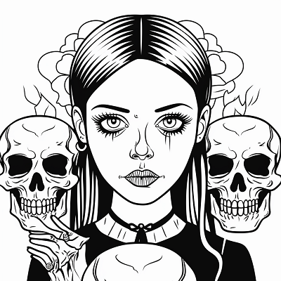 Image For Post | A playful interaction between Wednesday Addams and a skull; clean and simple line art. printable coloring page, black and white, free download - [Wednesday Addams Coloring Pictures Pages ](https://hero.page/coloring/wednesday-addams-coloring-pictures-pages-fun-and-creative)