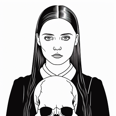 Image For Post | Wednesday Addams holding a skull; simple lines and bold shapes. printable coloring page, black and white, free download - [Wednesday Addams Coloring Pictures Pages ](https://hero.page/coloring/wednesday-addams-coloring-pictures-pages-fun-and-creative)