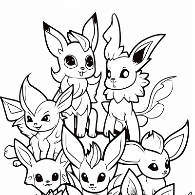 Image For Post | Bold design of Eeveelutions group; characterized by simplified forms and distinctive features. printable coloring page, black and white, free download - [Eevee Evolutions Coloring Sheet Pokemon Pages, Adult & Kids Fun](https://hero.page/coloring/eevee-evolutions-coloring-sheet-pokemon-pages-adult-and-kids-fun)