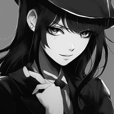 Image For Post | Retro style anime heroine, strong outlines and contrast between her hair and background in black and white colors. retro anime black and white pfp - [anime black and white pfp collection](https://hero.page/pfp/anime-black-and-white-pfp-collection)