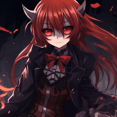 Image For Post | Rias Gremory portrayed as a Vampire Overlord, sharp lines and deep shadows. halloween pfp anime styles - [Halloween Anime PFP Spotlight](https://hero.page/pfp/halloween-anime-pfp-spotlight)