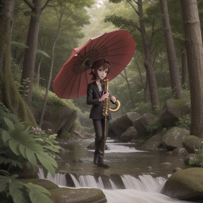 Image For Post Anime, river, betrayal, saxophone, forest, umbrella, HD, 4K, AI Generated Art