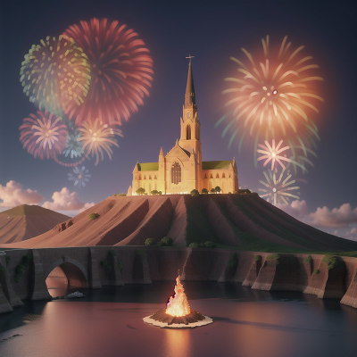 Image For Post Anime, cathedral, volcano, ocean, musician, fireworks, HD, 4K, AI Generated Art