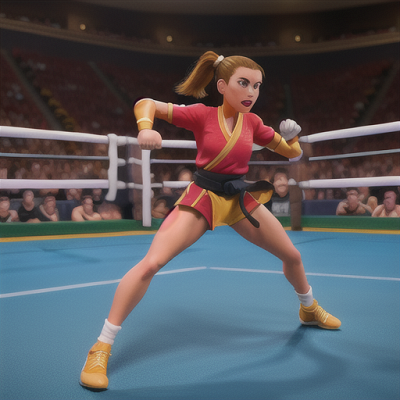 Image For Post Anime Art, Formidable martial artist, golden-brown hair in a high ponytail, in a fast-paced tournament arena