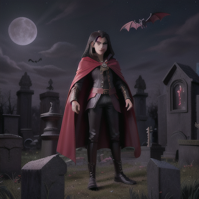 Image For Post Anime Art, Brooding vampire prince, jet-black flowing hair and piercing red eyes, surrounded by a desolate