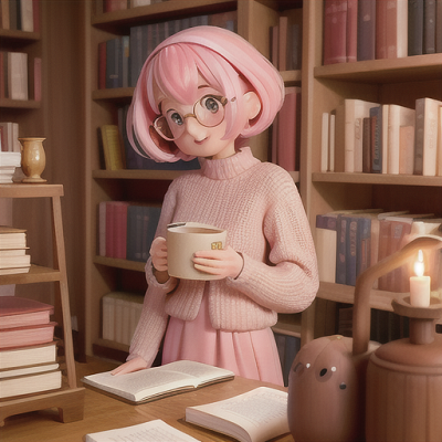 Image For Post Anime Art, Shy bookstore owner, soft pink hair with round glasses, in a quaint and cozy bookstore