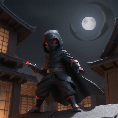 Image For Post Anime Art, Mysterious masked ninja, red eyes visible through shaded mask, navigating the rooftops at night