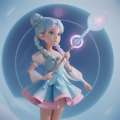 Image For Post Anime Art, Young magical girl, soft blue hair in a braided bun, standing on floating islands
