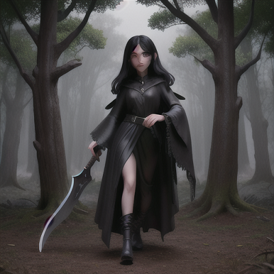 Image For Post Anime Art, Wistful demon hunter, glossy black hair draped over one eye, strolling through a haunted mystical forest