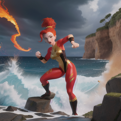 Image For Post Anime Art, Powerful martial artist, fiery red hair gathered in a high ponytail, facing a stormy ocean