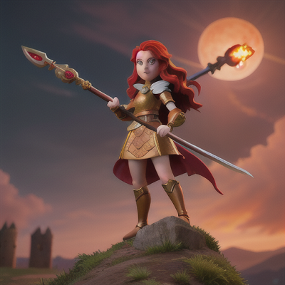 Image For Post Anime Art, Valiant knight girl, fiery red hair flowing, standing atop a medieval tower